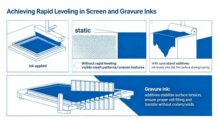 Achieving rapid leveling in screen and gravure inks