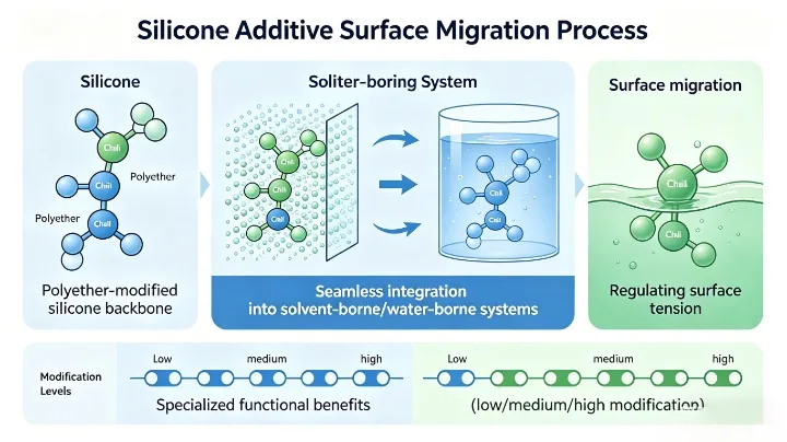 Silicone additive surface migration process