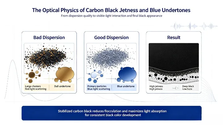 The Optical physics of carbon black jetness and blue undertones