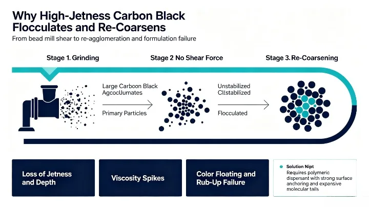 high jetness carbon black flocculates and re-coarsens